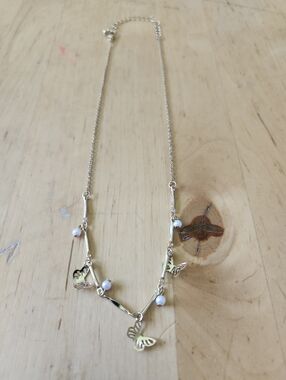Gold Tone Dainty Butterfly Pendant Necklace with Beads